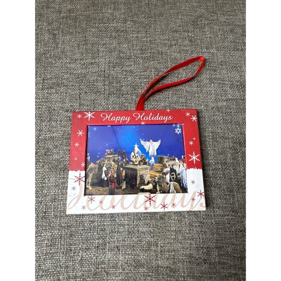 Nativity Scene Christmas Ornament w/ Red Ribbon Photo Frame Happy Holidays - Picture 2 of 6